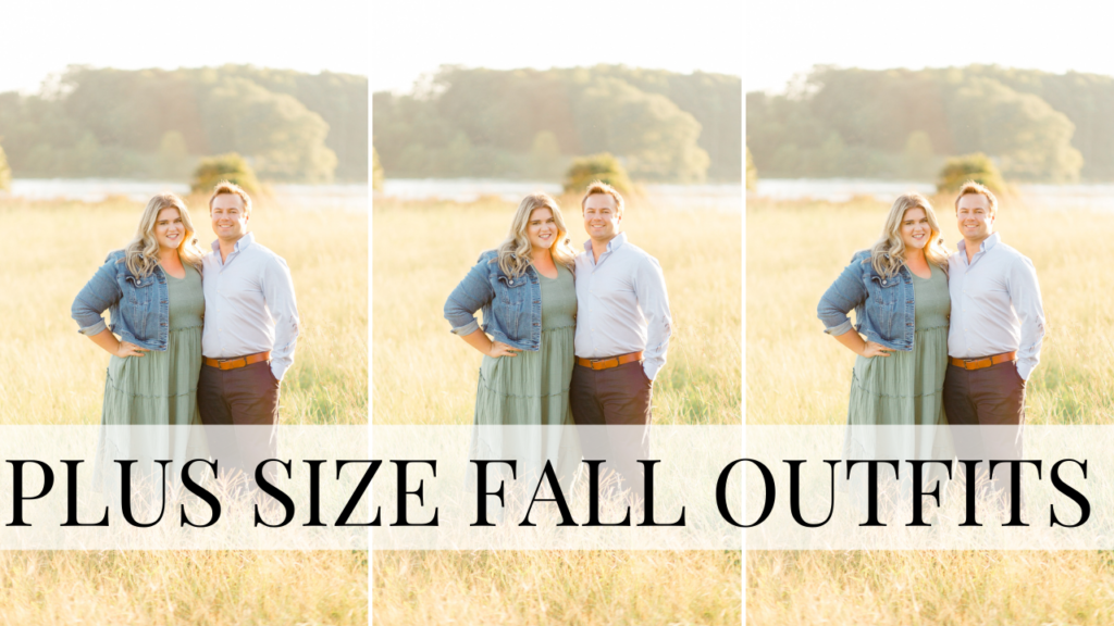 three identical images of a couple posing for family pictures with the words plus size fall outfits across it