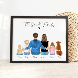 a family portrait illustration of a Caucasian family and their dog