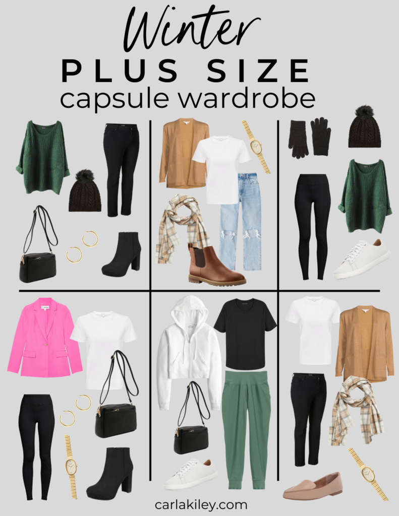 a graphic displaying six plus size capsule wardrobe outfits for winter 