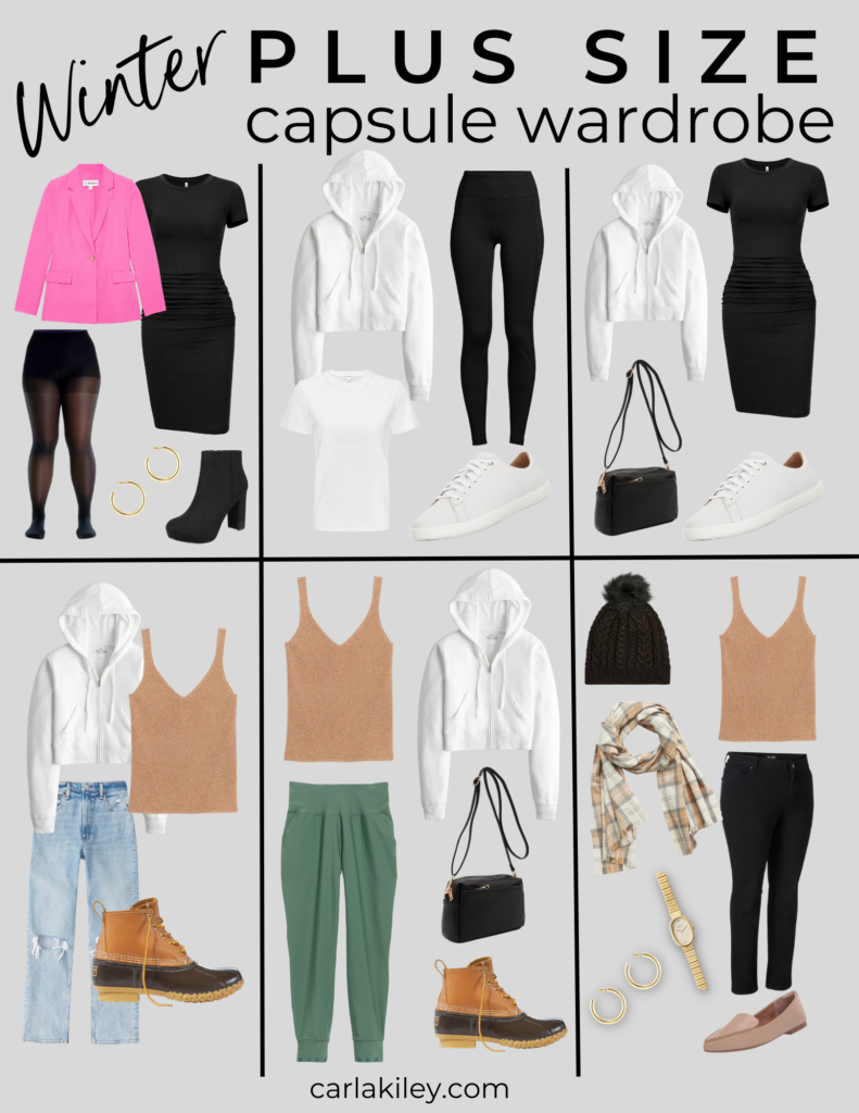 a graphic displaying six outfits made from a winter capsule wardobe