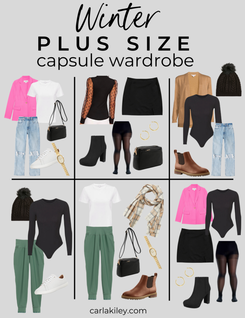 six outfit ideas for plus size women using a winter wardrobe capsule