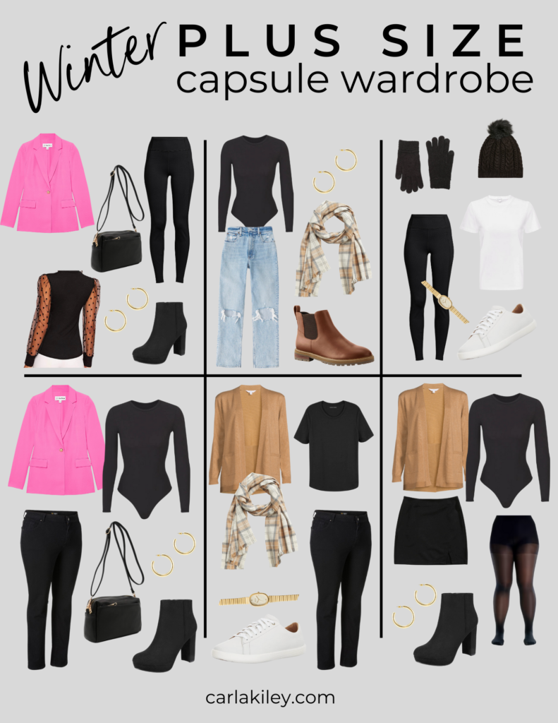 a graphic displaying neutral winter outfits that can be made using a capsule wardrobe