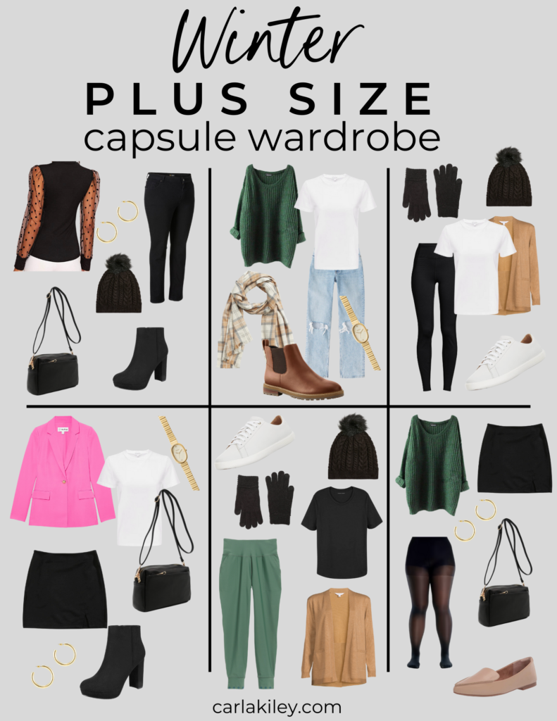a graphic showcasing six outfits that can be made from a winter capsule wardrobe 